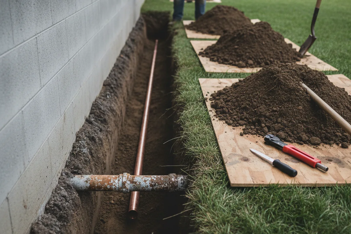 Excavated water line trench during Sewer Line Repair in La Russell